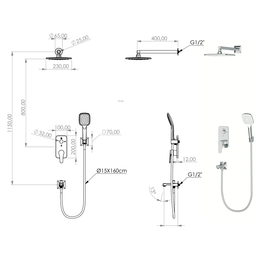 Agora Mix 2+1 Way Shower System technical drawing