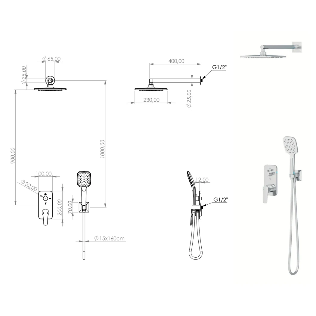 Alinda Mix 2 Way Shower System technical drawing