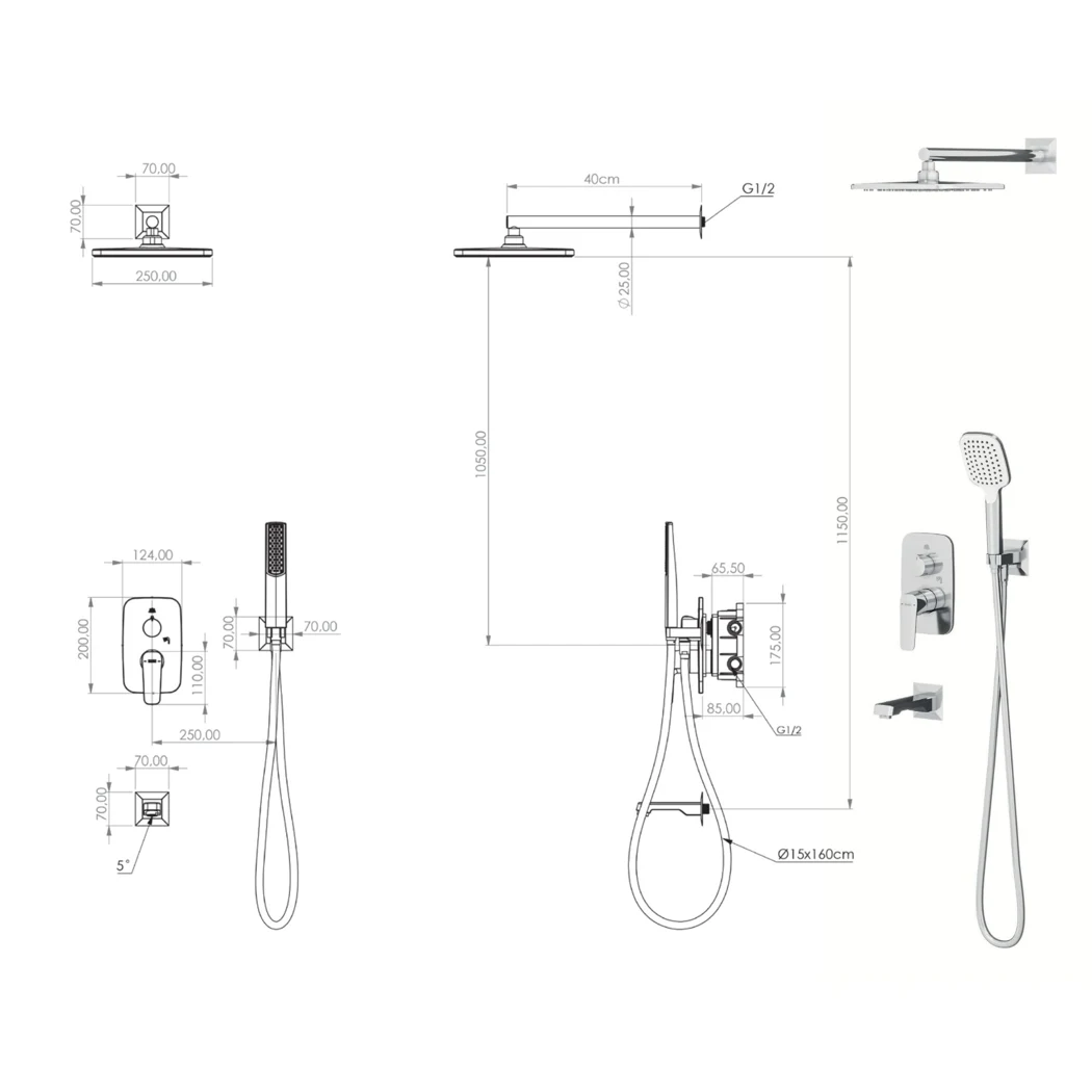 Anka Mix 3 Way Shower System technical drawing
