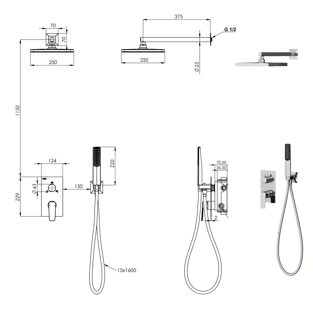Ciera Pro Mix 2 Way Shower System technical drawing