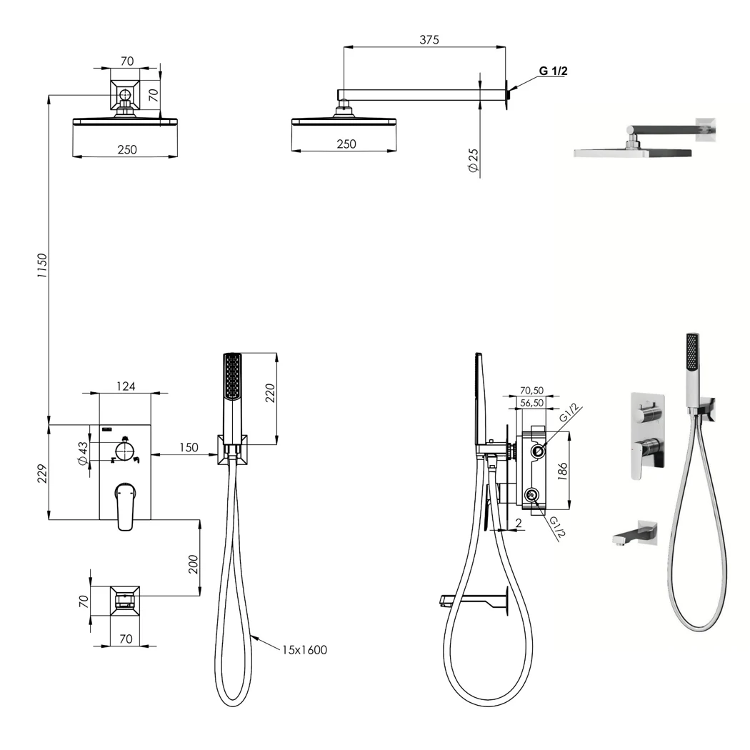 Ciera Pro Mix 3 Way Shower System technical drawing