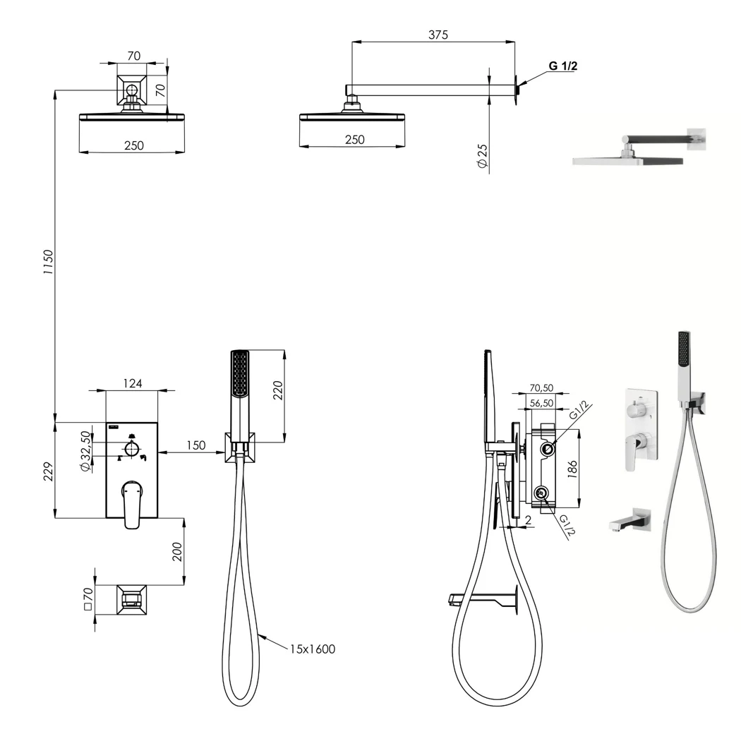 Ciera Mix 3 Way Shower System technical drawing