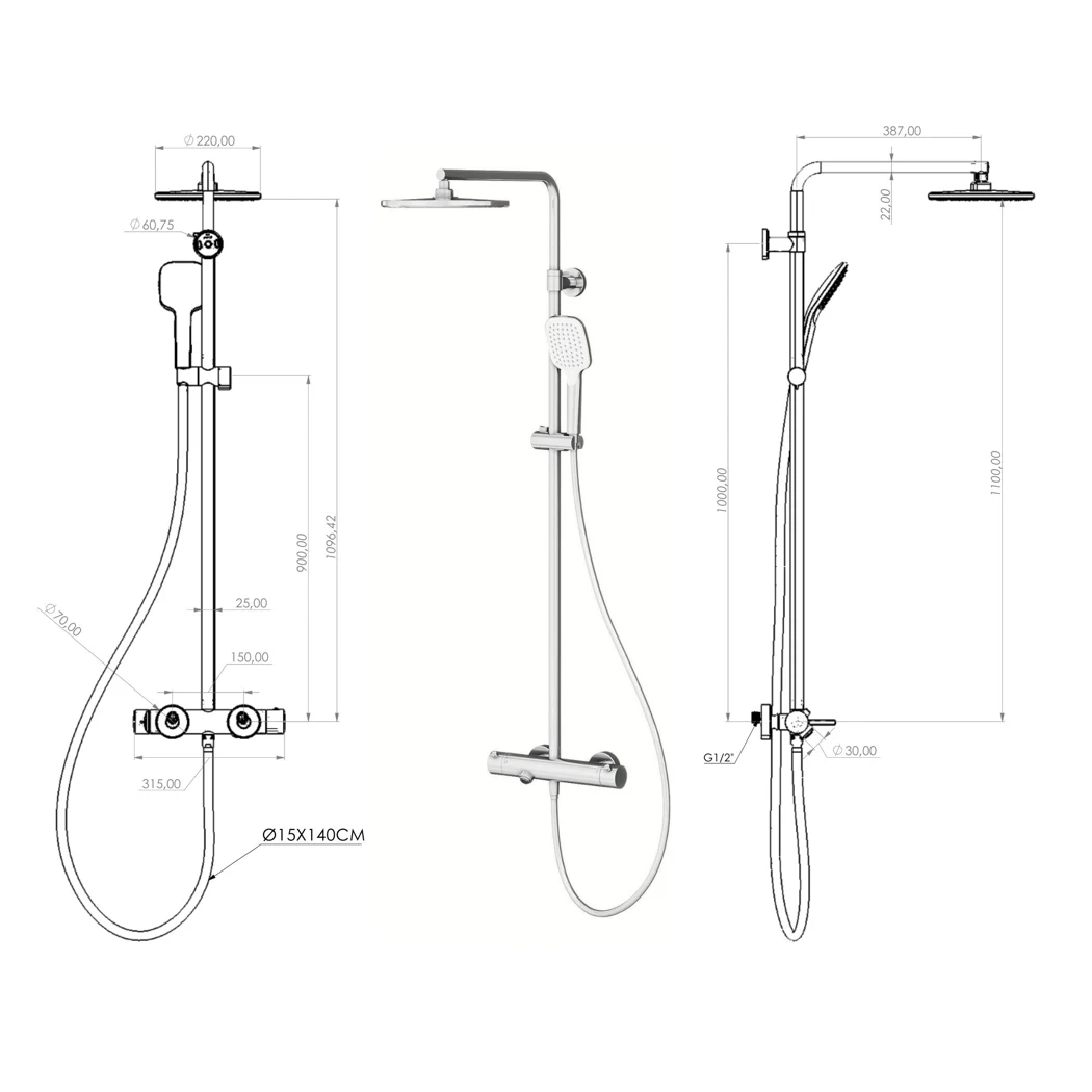 Estella Mix 3 Way Shower System technical drawing