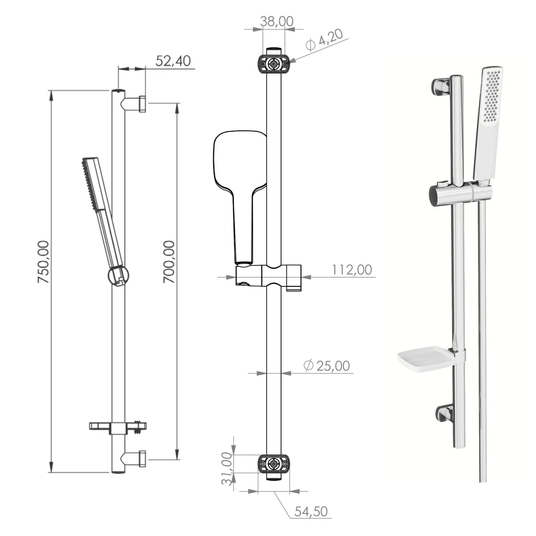 Ganj Shower Column Stick Hand Shower technical drawing