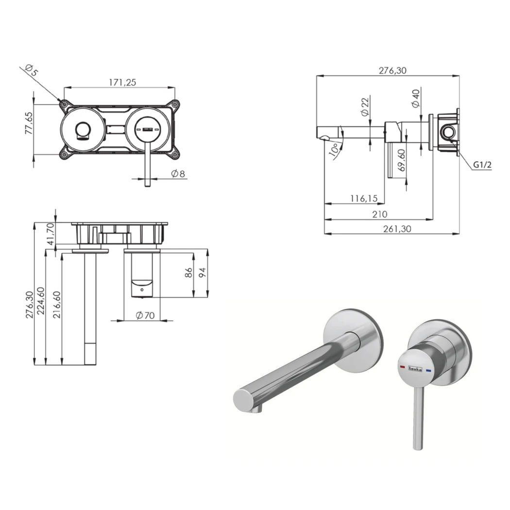 Henza Concealed Bathroom Sink Faucet technical drawing