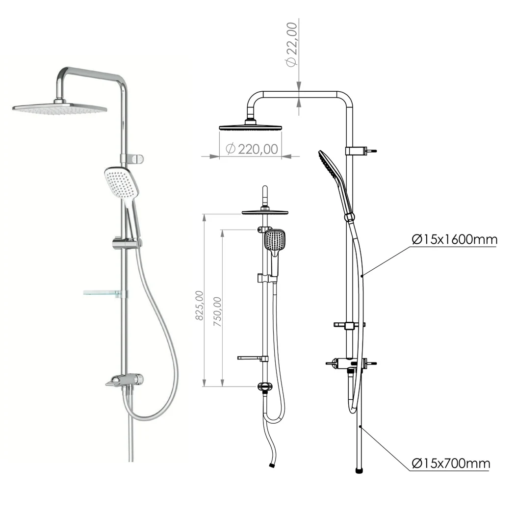Joy 2 Way Shower Column Square Overhead Matte Black technical drawing