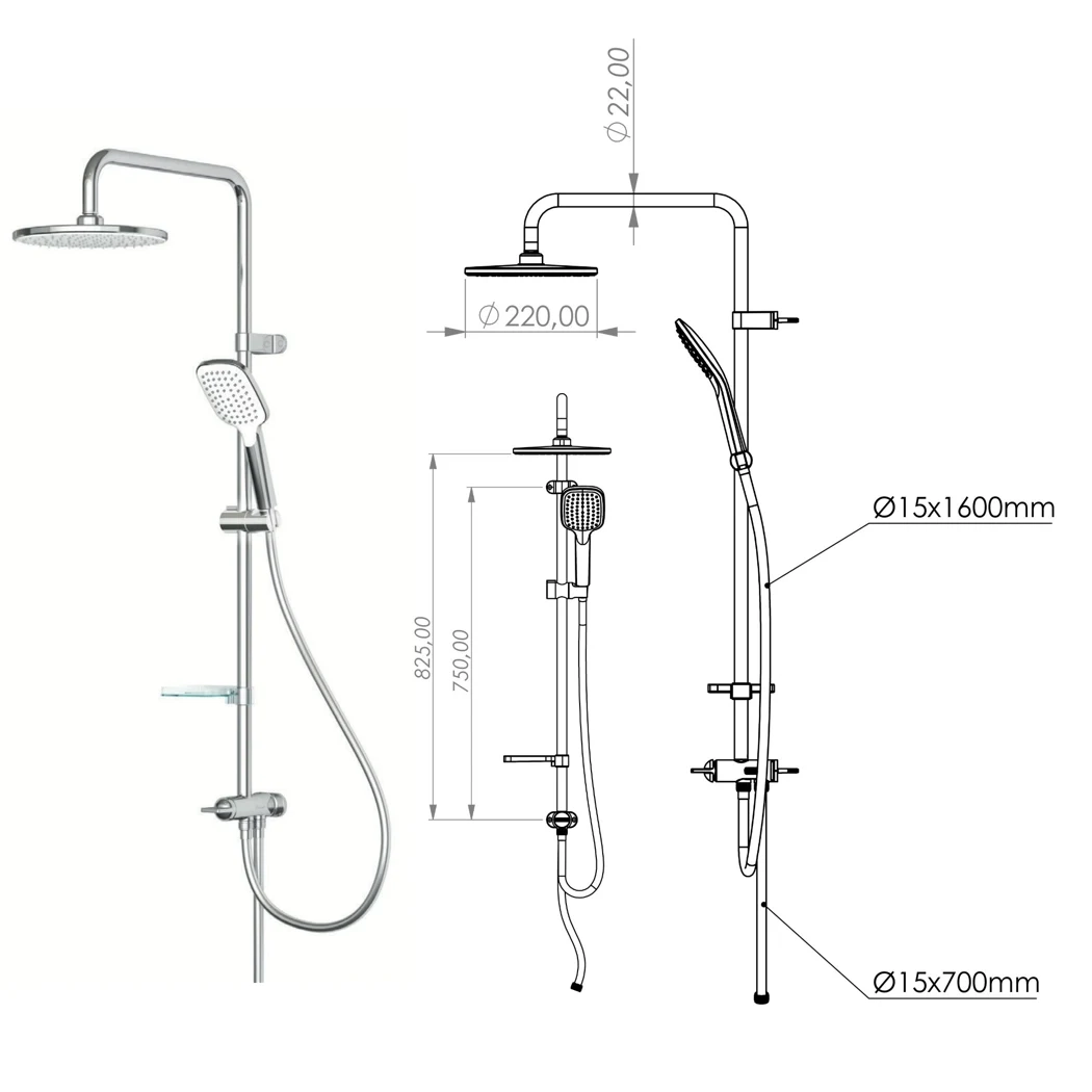 Joy 2 Way Shower Column Round Overhead Chrome technical drawing