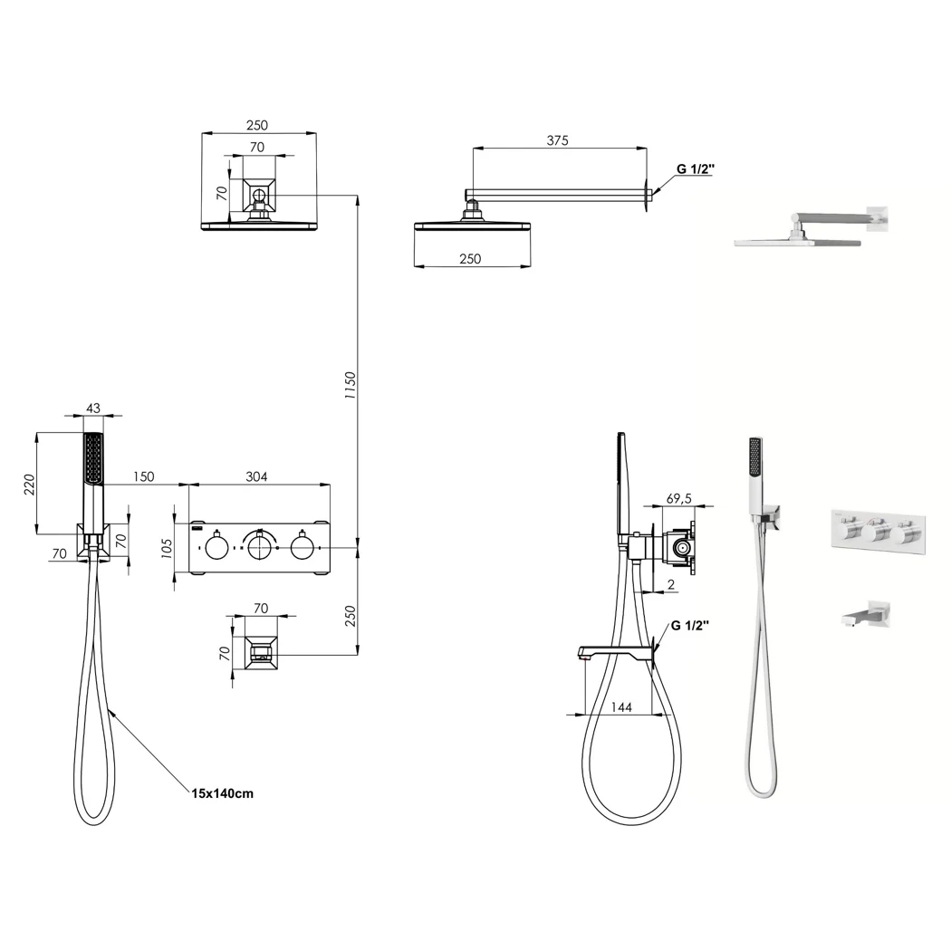 Lande Thermostatic 3 Way Shower System technical drawing