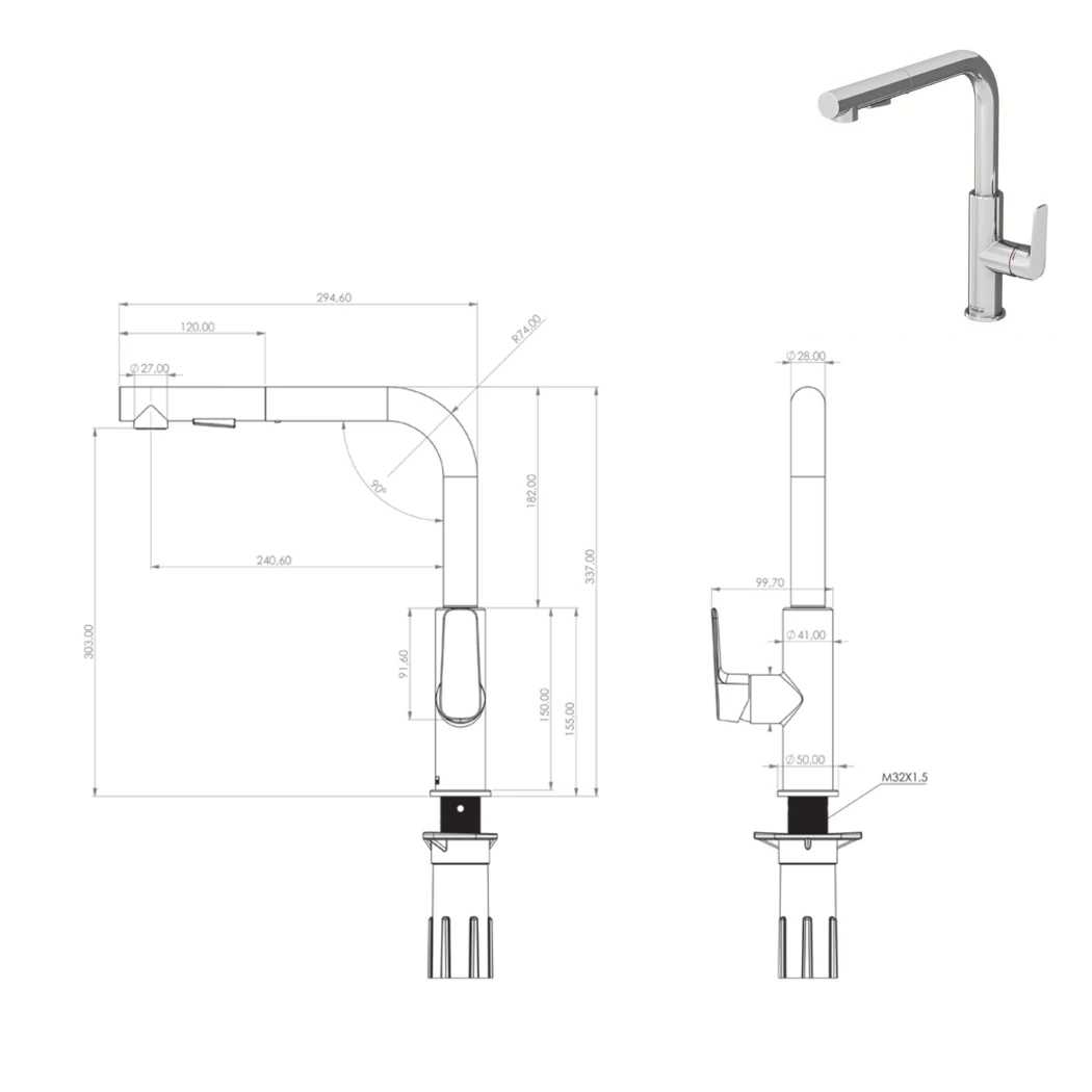 Lavin Kitchen Sink Faucet with pull-out sprayer technical drawing