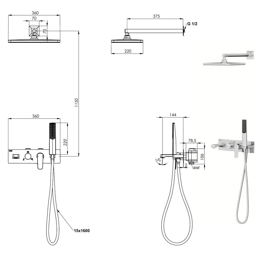Life Pro 3 Way Shower System technical drawing