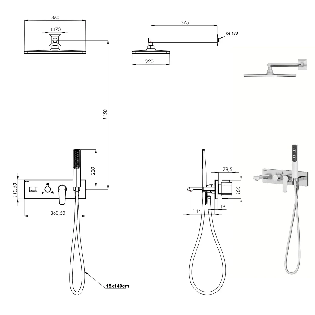 Life Mix 3 Way Shower System technical drawing