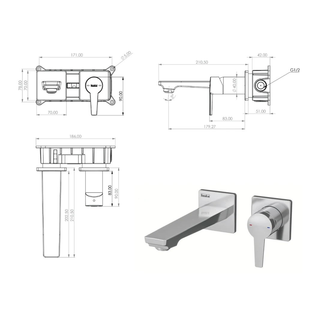 Liva Concealed Bathroom Sink Faucet technical drawing