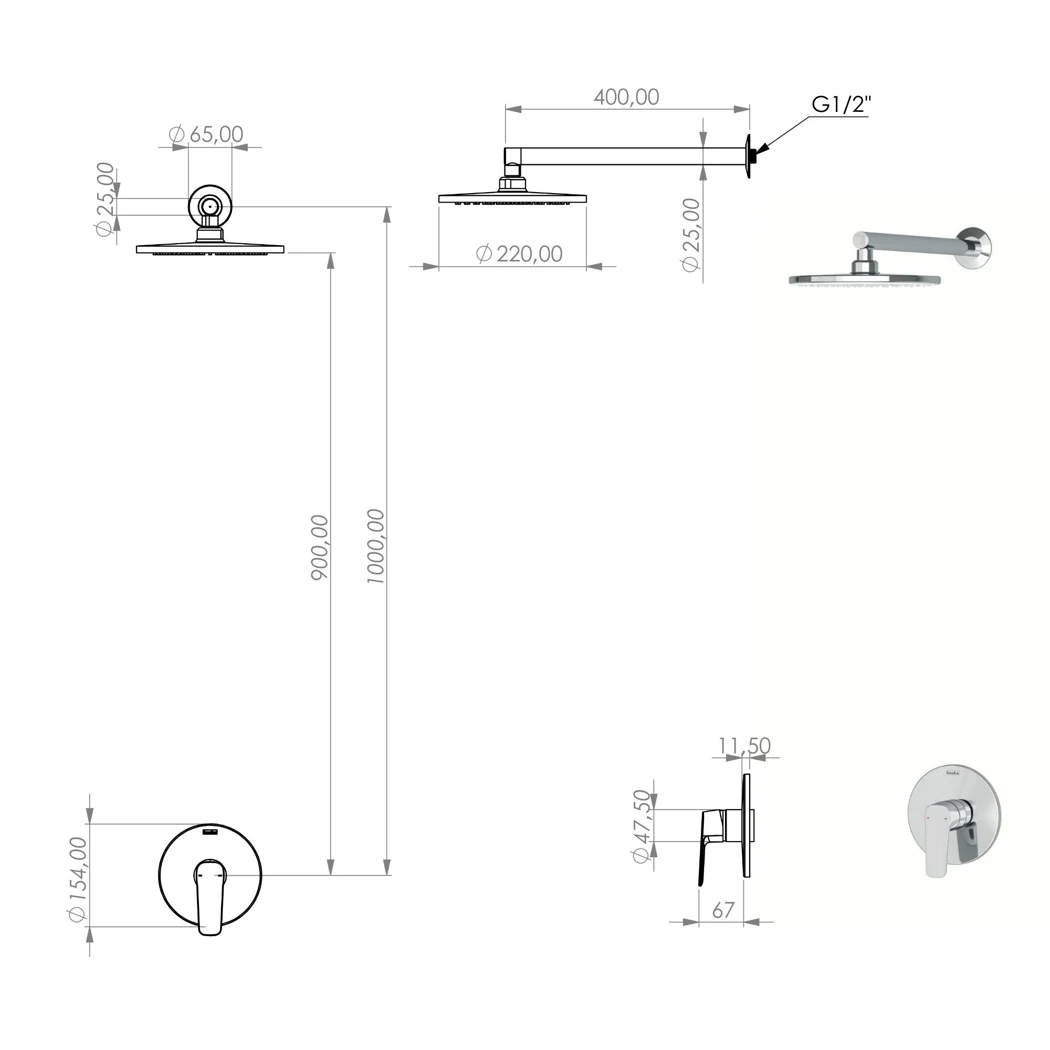 Misis Single Way Shower System Round Overhead technical drawing