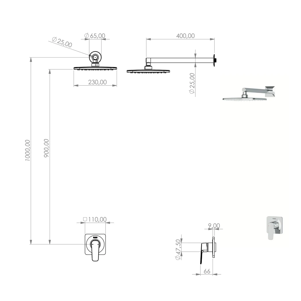 Misis Single Way Shower System Square Overhead technical drawing