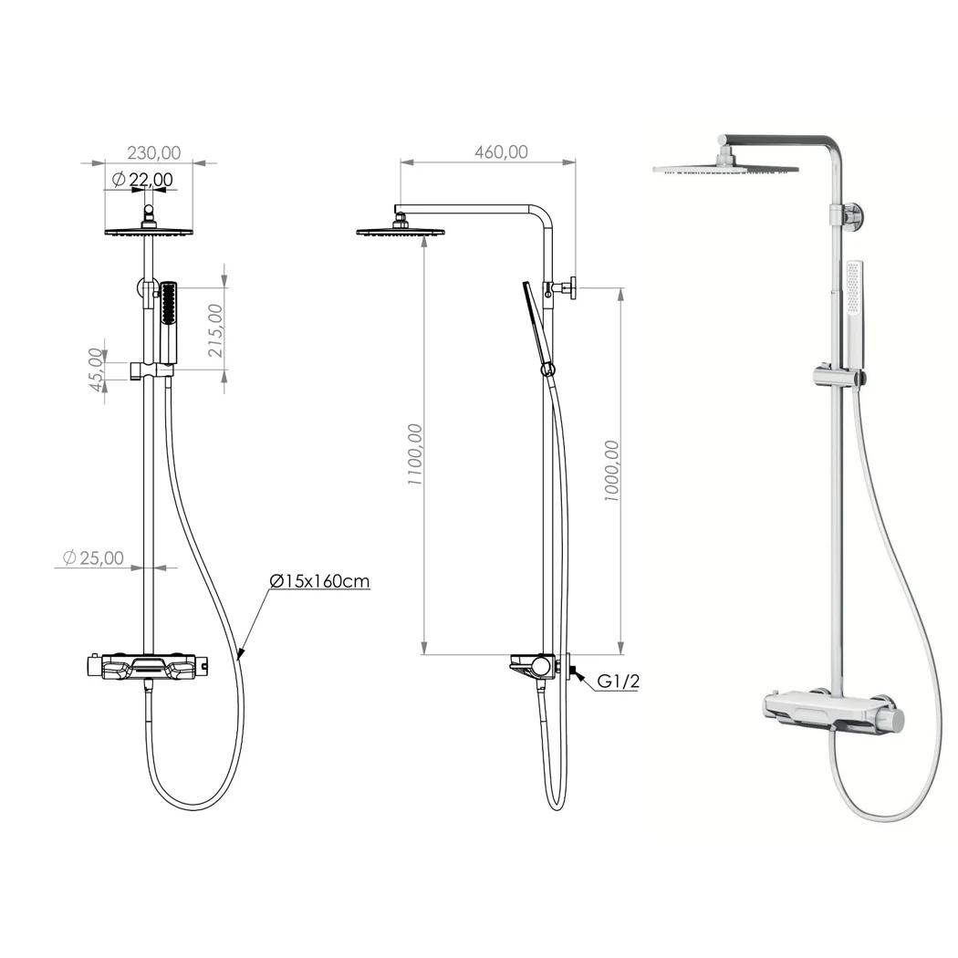 Perla Mix 3 Way Shower System technical drawing