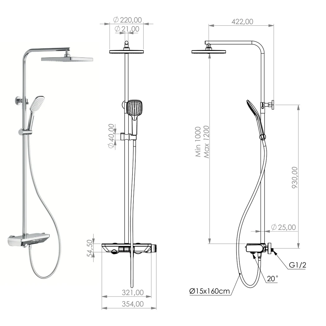 Piano Mix 3 Way Shower System Chrome Mirror technical drawing