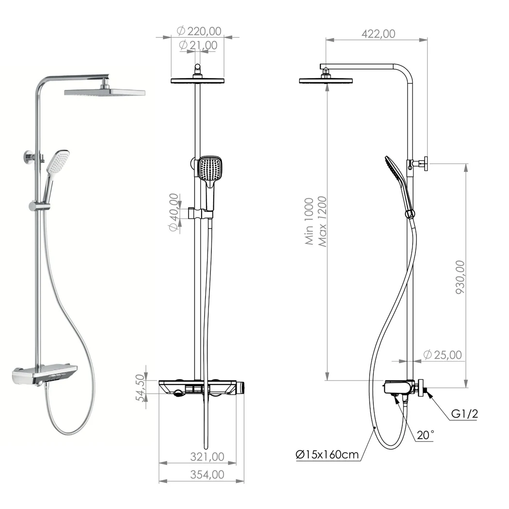 Piano Thermostatic 3 Way Shower System Chrome Mirror technical drawing