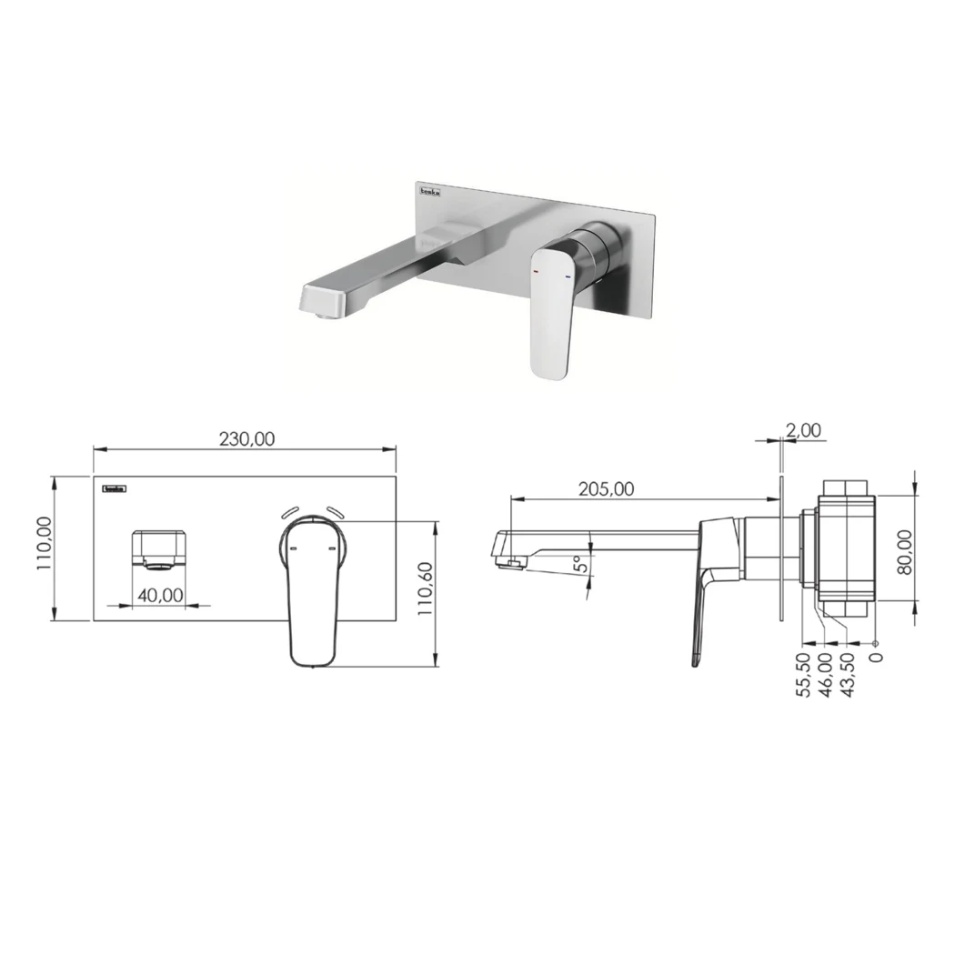Quasar Pro Concealed Bathroom Sink Faucet technical drawing