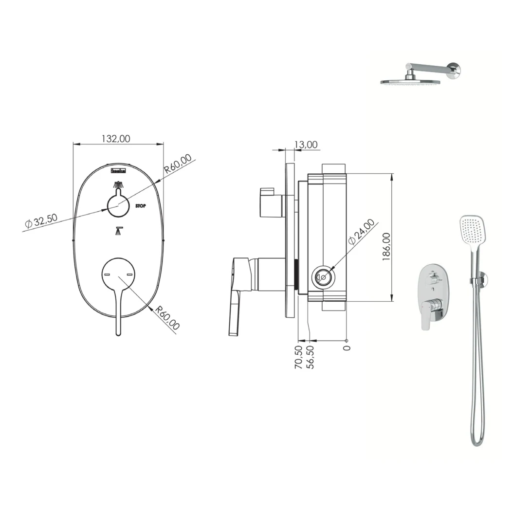 Sardes Mix 2 Way Shower System technical drawing