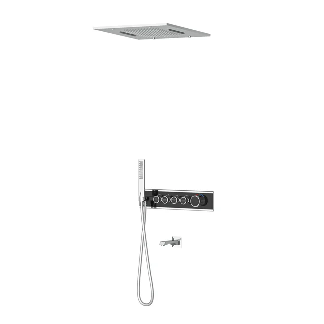 Shine Thermostatic 4 Way Shower System With Spout Chrome Black Glass