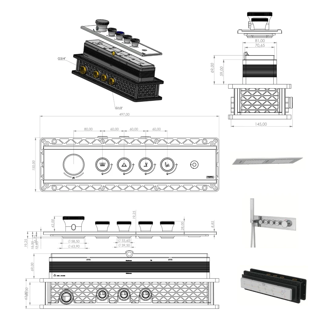 Shine Thermostatic 4 Way Shower System Chrome technical drawing
