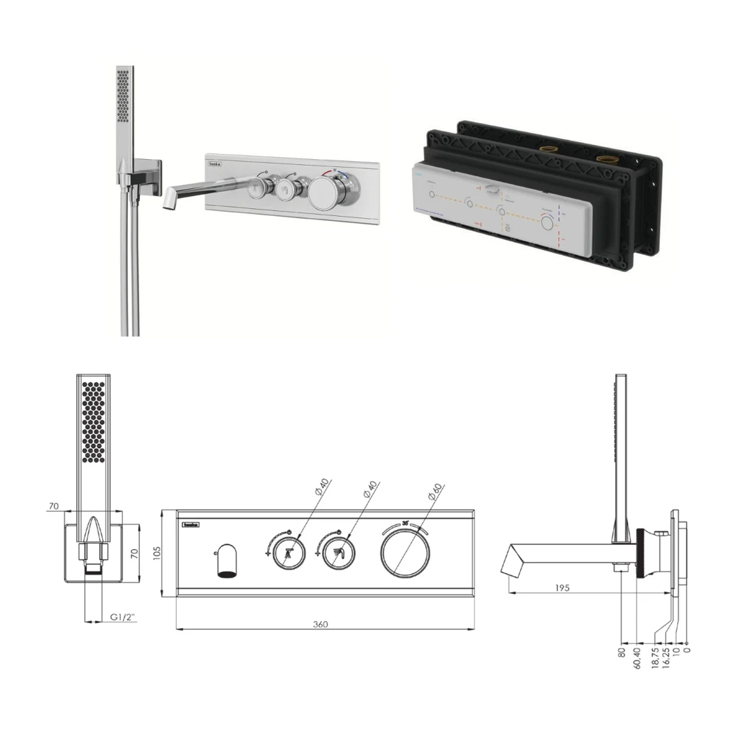 Shine Calix Thermostatic 2 Way Bathtub System technical drawing