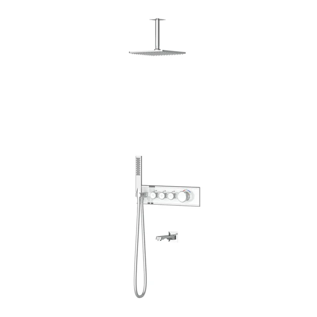 Shine Thermostatic 3 Way Shower System With Spout Chrome White Glass