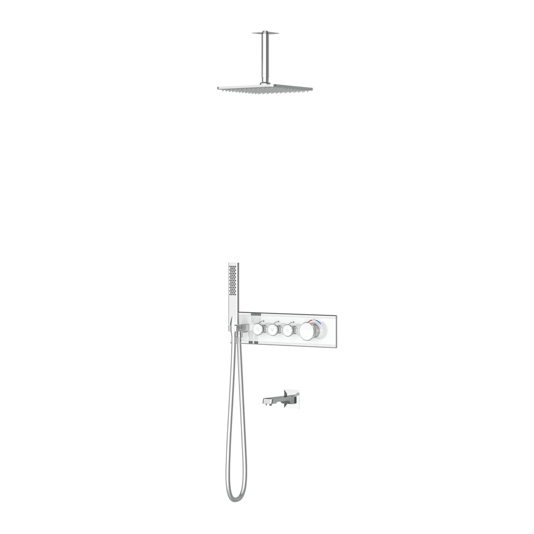 Shine Thermostatic 3 Way Shower System With Spout Chrome White Glass