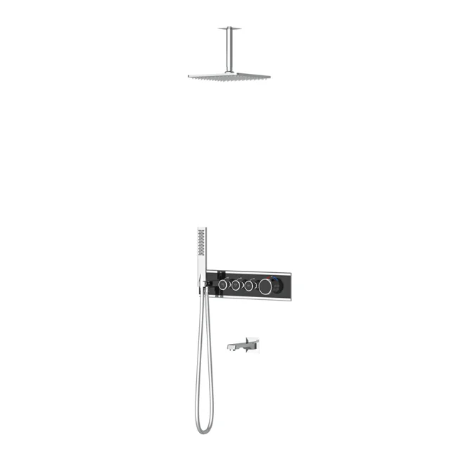 Shine Thermostatic 3 Way Shower System With Spout Chrome Black Glass