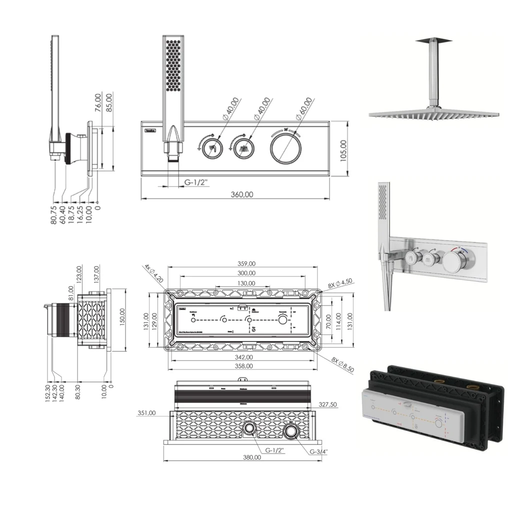 Shine Thermostatic 2 Way Shower System technical drawing