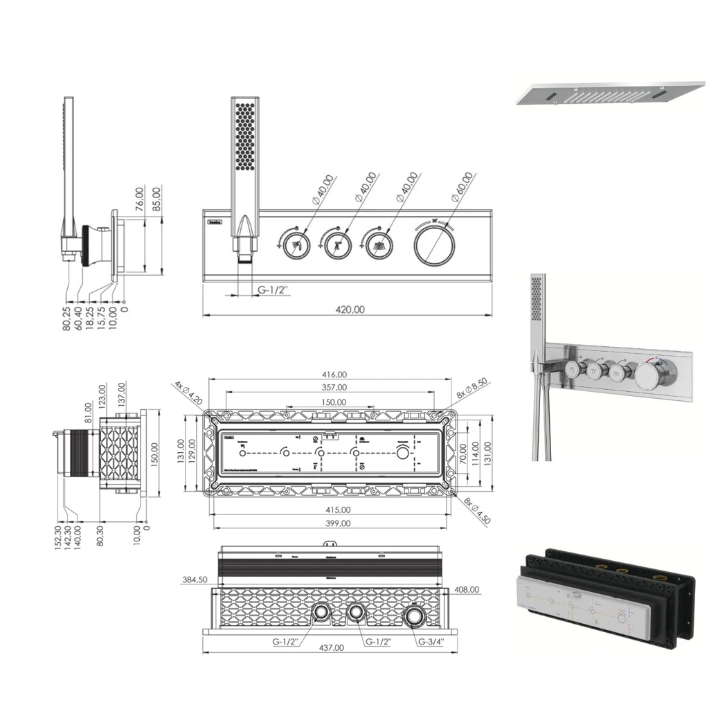 Shine Thermostatic 3 Way Shower System Matte Black technical drawing