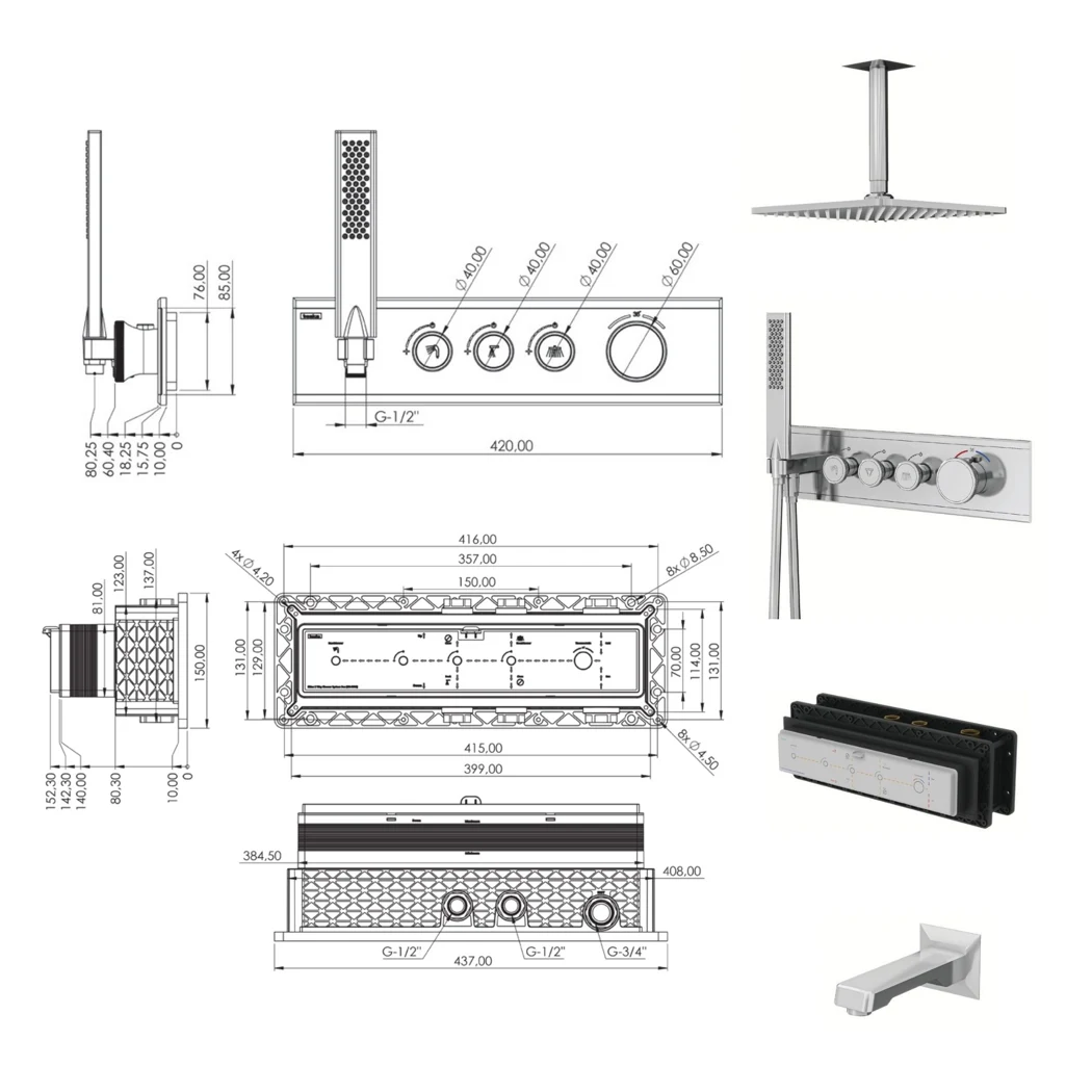 Shine Thermostatic 3 Way Shower System With Spout Matte Black technical drawing