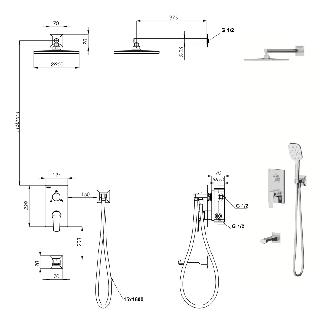Simena Mix 3 Way Shower System technical drawing