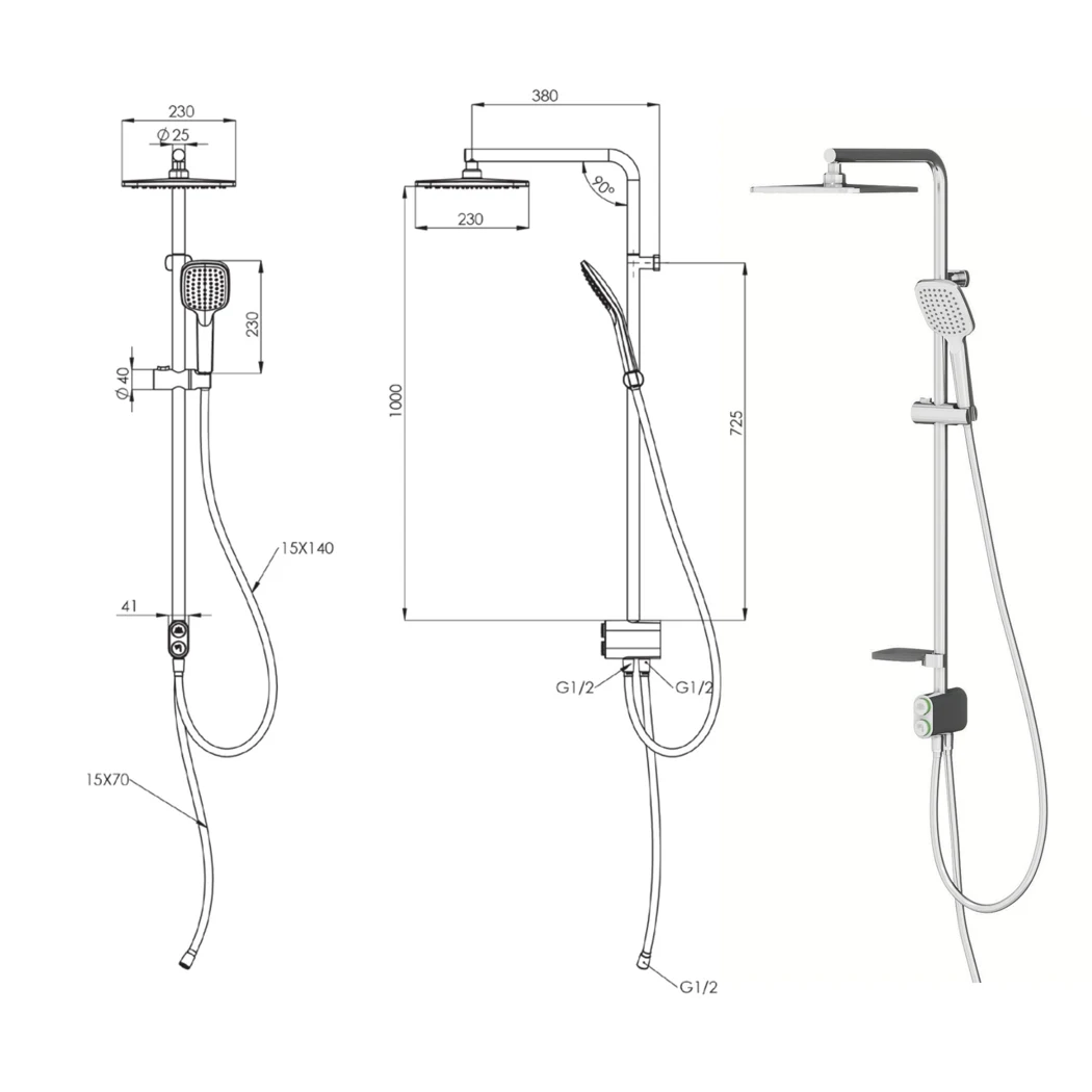 Tena 2 Way Shower Column Square Overhead Matte Black technical drawing