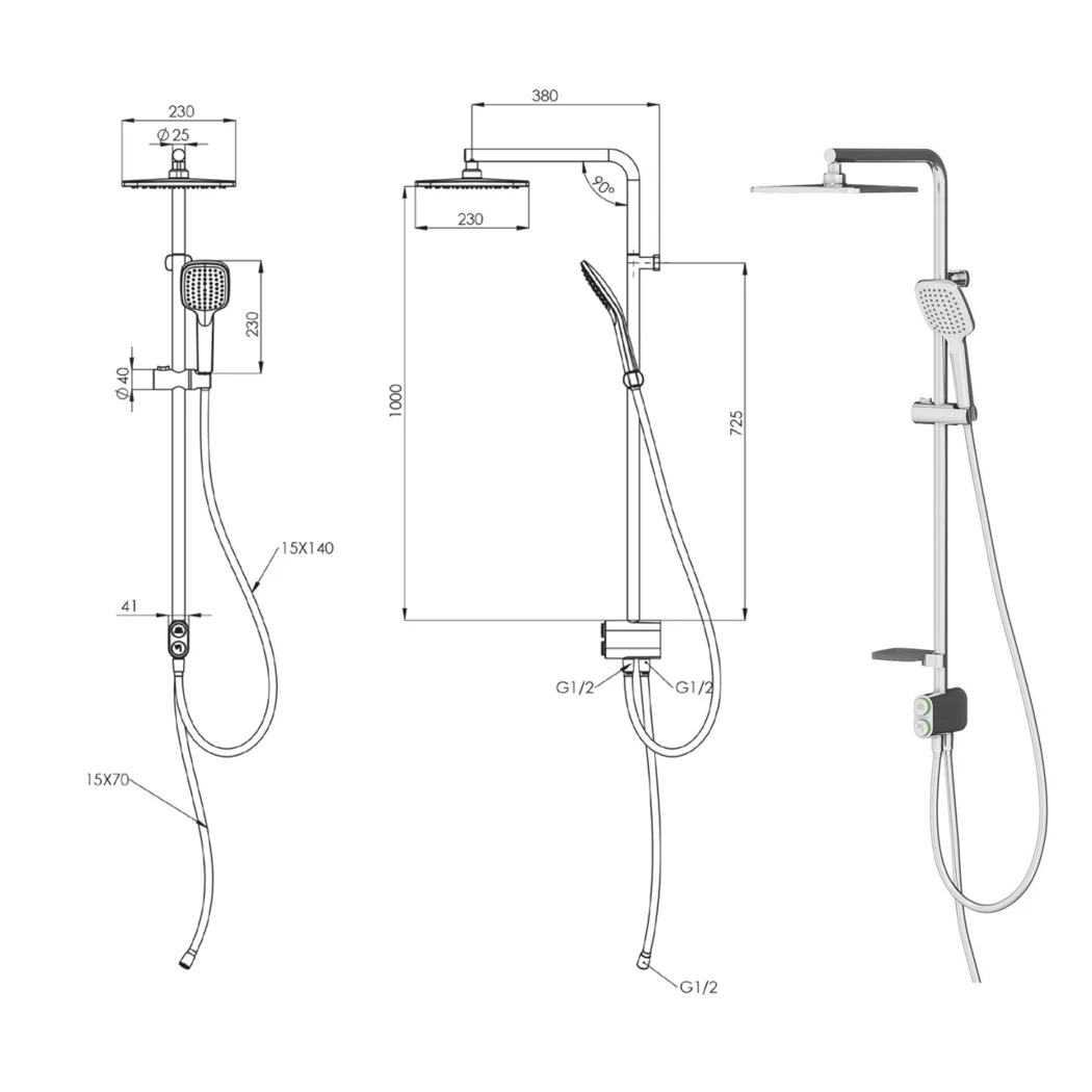 Tena 2 Way Shower Column Round Overhead Chrome technical drawing