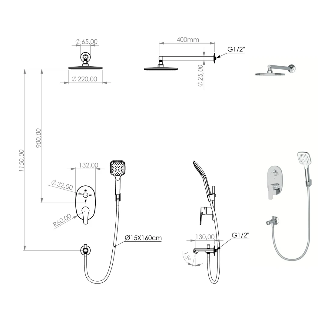 Tenedos Mix 2+1 Way Shower System technical drawing