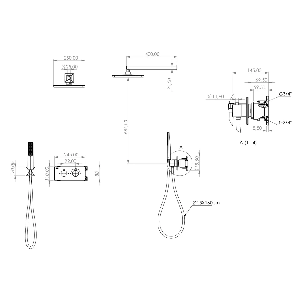 Teona Thermostatic 2 Way Shower System technical drawing