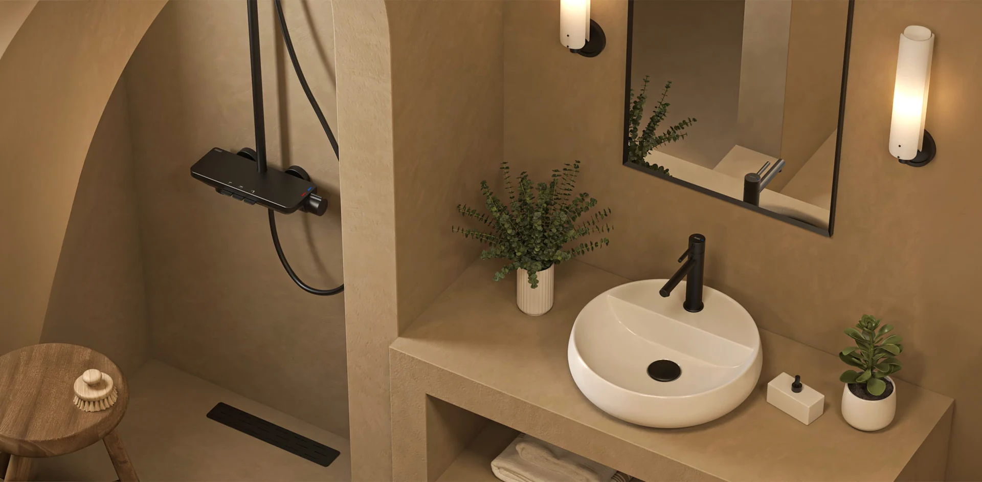 Warm-toned bathroom with a black TESKA shower system and vessel basin faucet