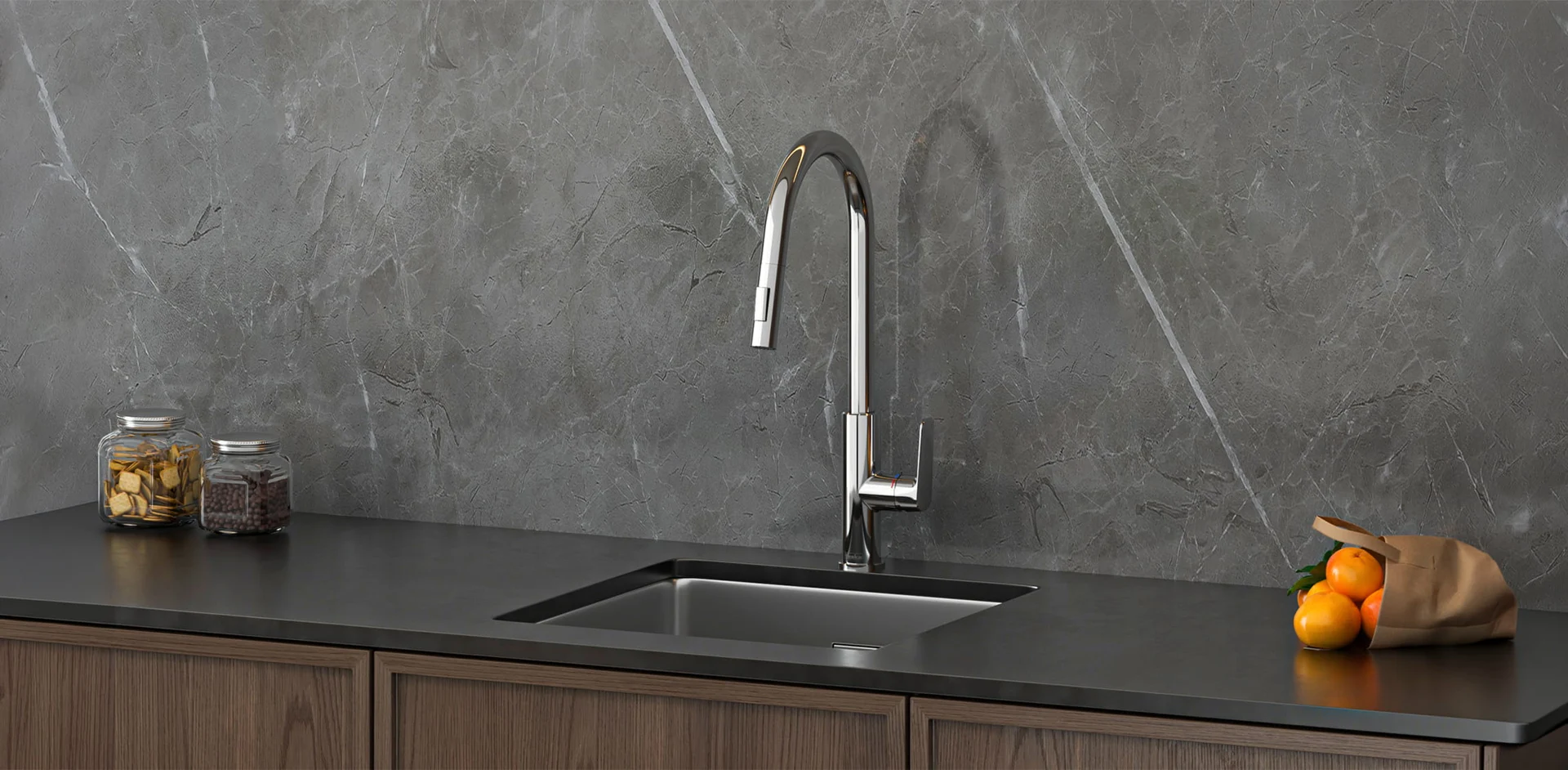 TESKA kitchen faucet against a marble-patterned wall