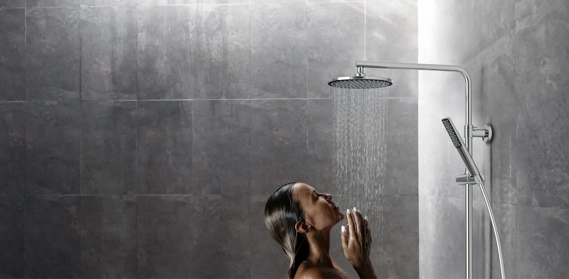 Water flowing from a TESKA overhead shower